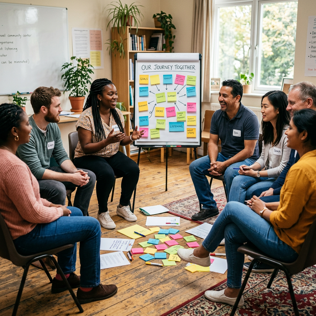 Diverse group discussing colorful “Our Journey Together” workshop board